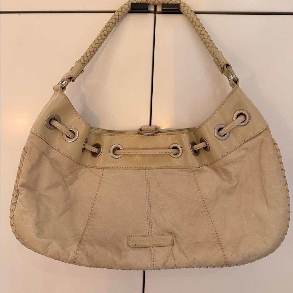 BCBG Cream Hobo Bag, Woven Handle, Silver Hardware